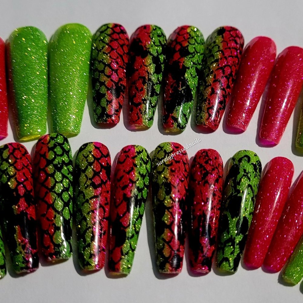 Shimmer Fuchsia and Neon Green Distressed Snake Print Ballerina Press on Nails